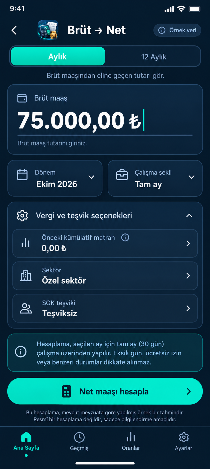 Brüt net ekranı tasarım örneği