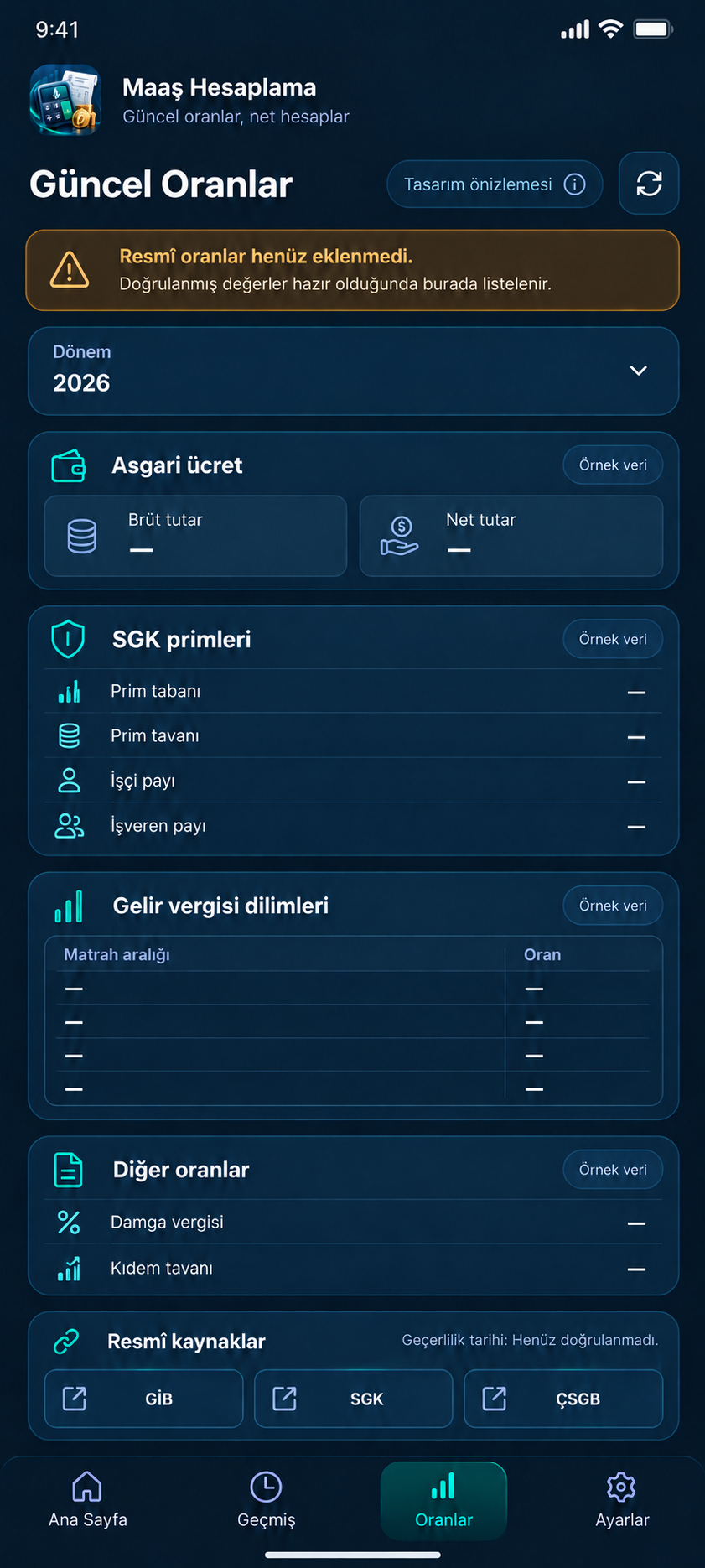 Güncel oranlar ekranı tasarım örneği