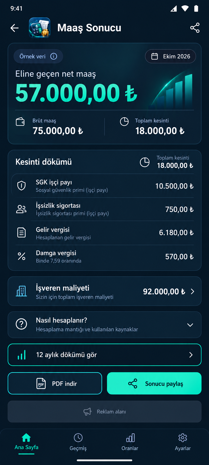 Net maaş ve kesinti kalemlerini gösteren örnek tasarım ekranı
