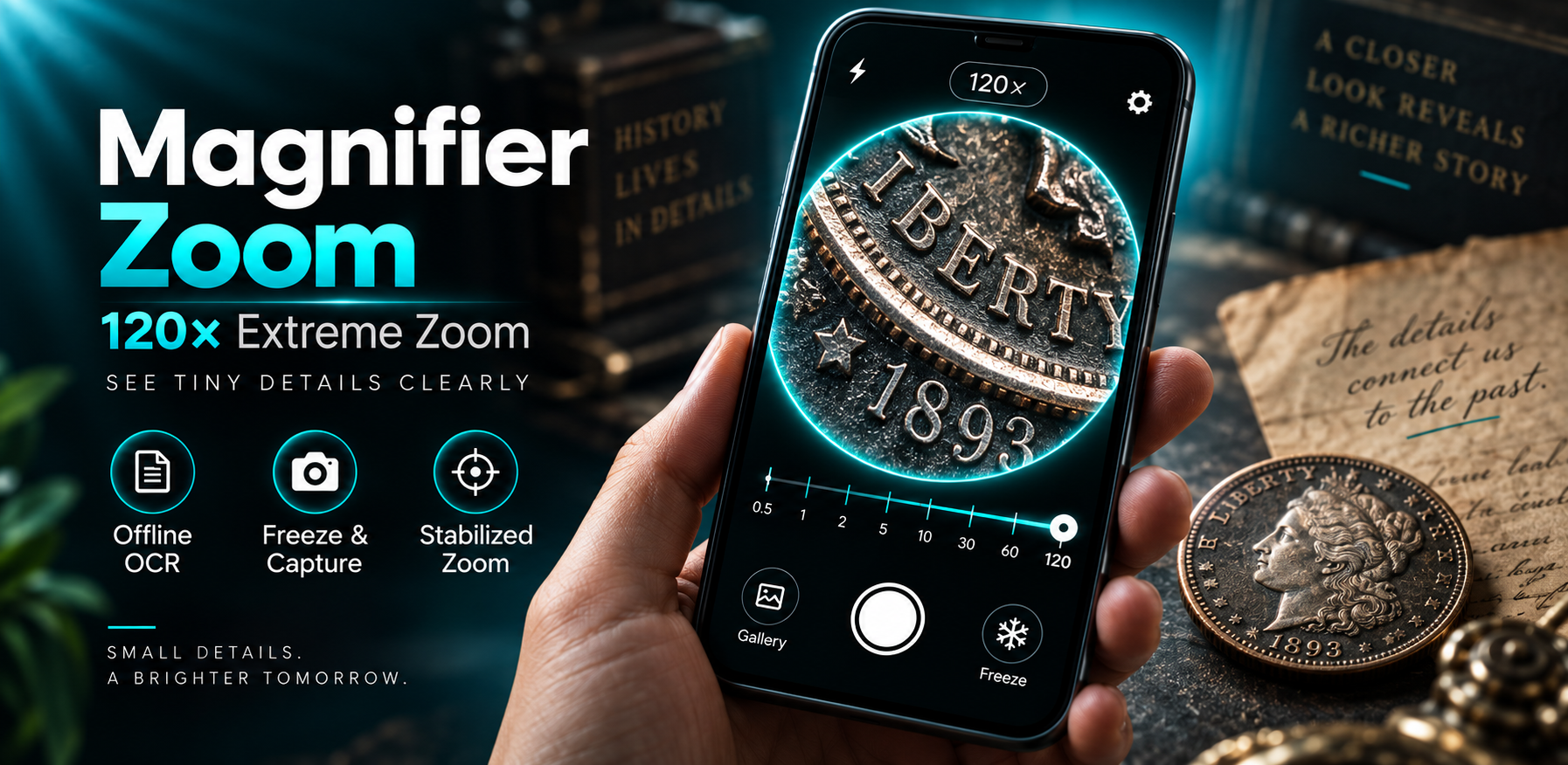 Magnifier Zoom showing 120x magnification of fine details